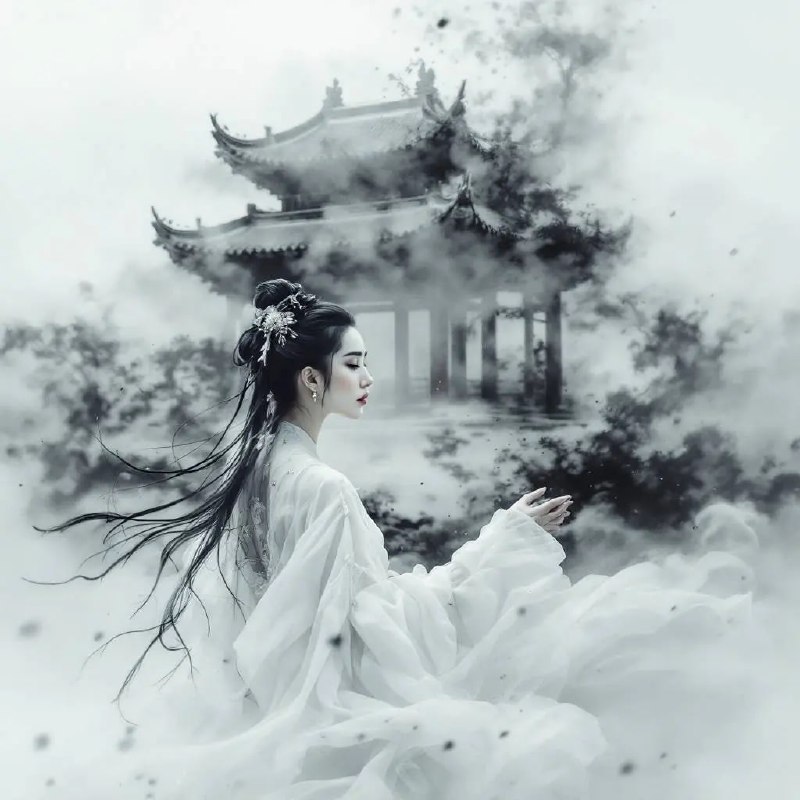 Prompt ✏️: Ink splashing, negative space, mist, ancient women, ancient white attire, gentle and elegant, palace, Han Dynasty architecture, large-scale scenes, photographic works, realism, cool tones, cold and desolate, heavy mist, neo-Chinese style, charming, hairpins, long hair, earrings, translucent gauze, tasteful, rosy skinModel 🖼: flux pro📢 频道 ✈️ 群聊 📬 投稿 💵 商务via AI绘画｜AI视频 | AI音乐 - Telegram Channel