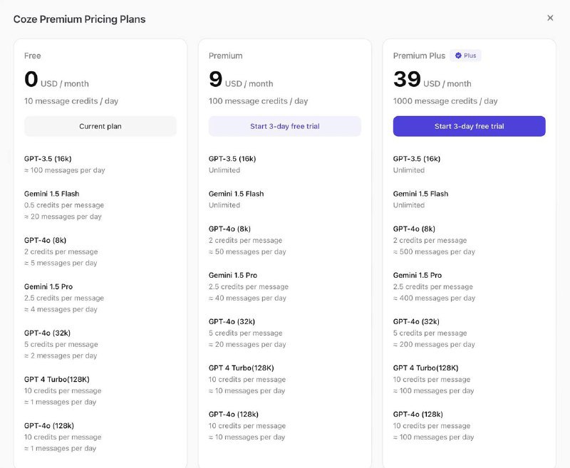 字节跳动AI平台Coze海外版开始收费，提供免费版但有配额限制该平台提供多种AI模型，包括GPT-4o、GPT-4-Turbo、Gemini 1.5 Flash等，支持文本对话和图片生成等功能