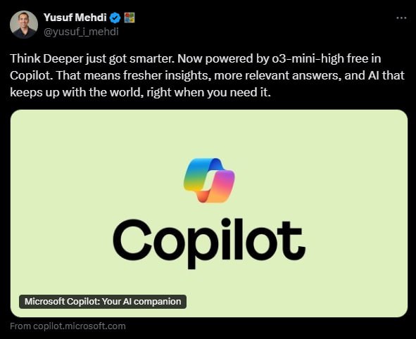 Copilot Think Deeper 开始由 o3-mini-high 模型驱动继微软取消 Copilot Voice 和 Think Deeper 使用限制后，微软今天又宣布 Copilot Think Deeper 已经开始采用 OpenAI 最新的 o3-mini-high 模型驱动