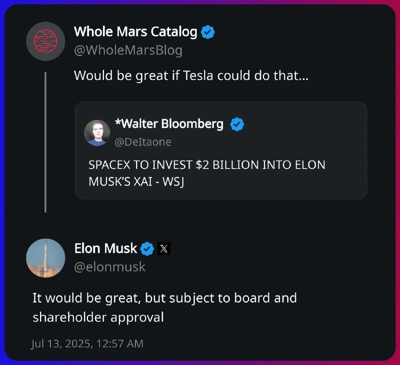 特斯拉入局xAI？马斯克：看好，但决策权在董事会和股东此前，《华尔街日报》7月12日报道称，马斯克旗下的太空探索技术公司SpaceX已承诺向xAI投资20亿美元，该笔资金将作为xAI 50亿美元股权融资的一部分