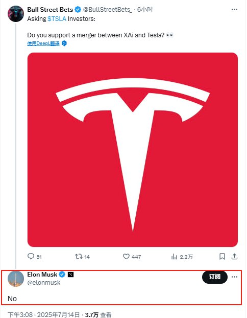 马斯克称不支持特斯拉与xAI合并 但支持投资周一，埃隆・马斯克表示不支持 xAI 与特斯拉合并，目前外界对这家电动汽车制造商和人工智能公司的未来关系充满疑问