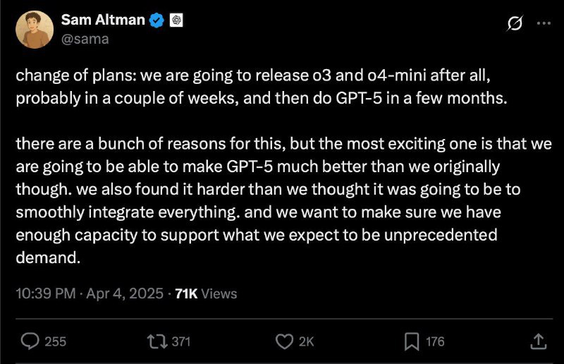 OpenAI调整发布计划：先推o3模型，GPT-5延期数月OpenAI首席执行官Sam Altman在X平台宣布，将重启o3推理模型的发布，并同步推出下一代o4-mini模型
