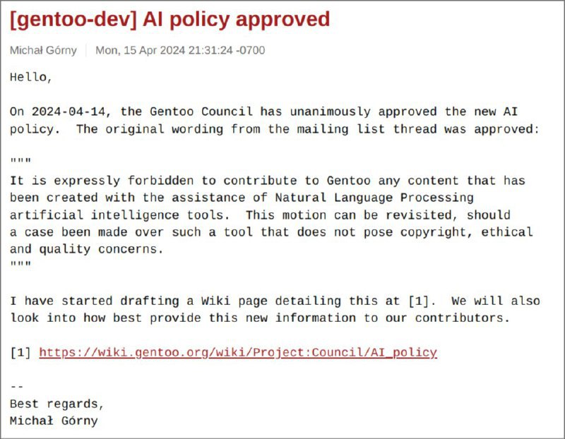 Gentoo理事会禁止了任何在AI协助下完成的贡献Linux发行版Gentoo在2024年4月14日于其理事会通过了一项关于AI政策的投票：”明确禁止向 Gentoo 贡献任何借助自然语言处理的人工智能工具创建的内容