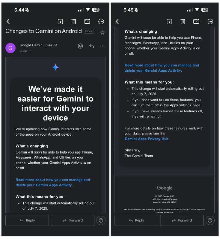 📱Google Gemini 可访问 WhatsApp 消息，用户可采取措施限制自 2025 年 7 月 7 日起，Google Gemini 更新后，即使“Gemini 应用活动”关闭，也能帮助用户在 Android 设备上操作 Phone、Messages、WhatsApp 和 Utilities 等应用