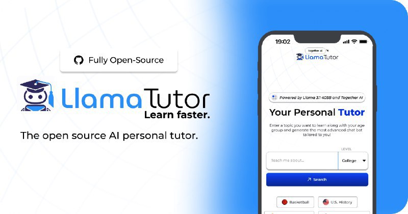 👉 名称：llamatutor🤖 类型：🎯项目👏 介绍：一个开源的 AI 个人专属导师，由 Llama 3 70B 和 Together.ai 提供支持：via 老胡周刊资源分享频道 - Telegram Channel