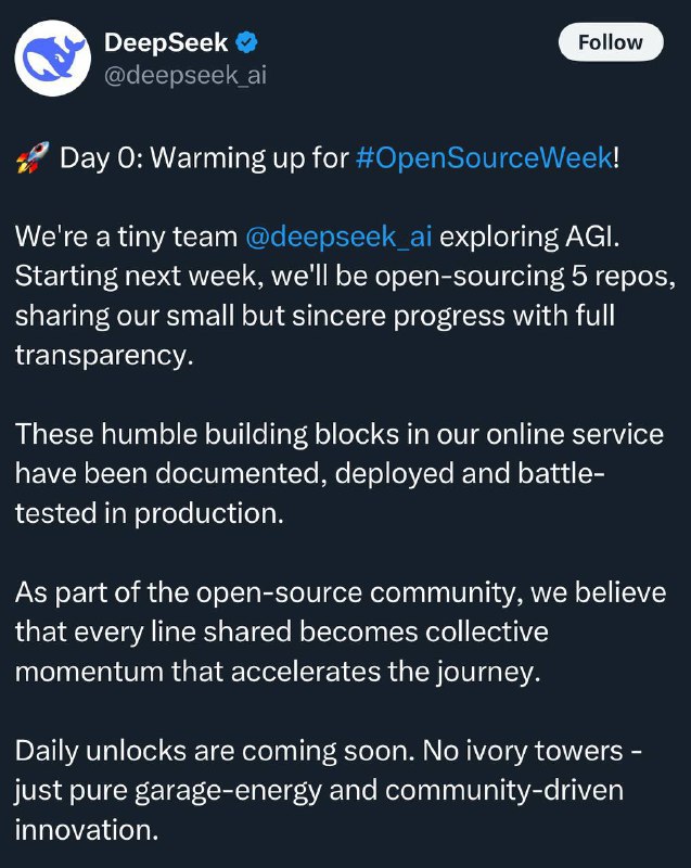 DeepSeek宣布开源更多代码库 中国人工智能初创企业深度求索(DeepSeek)计划从下周开始向公众发布关键代码和数据，相比OpenAI等竞争对手，DeepSeek罕见地准备对外开放更多核心技术