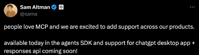 OpenAI采用竞争对手Anthropic的标准 将AI模型与数据连接起来“人们喜欢 MCP，我们很高兴能在我们的产品中增加支持，”Altman 表示