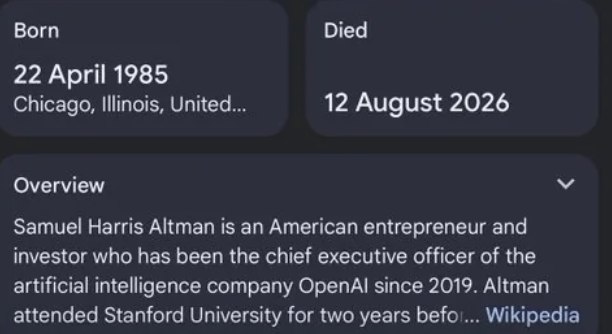 维基百科遭恶意篡改，谷歌误报 OpenAI CEO 奥尔特曼死讯当地时间周三凌晨，一些 X 和 Reddit 用户发现，在谷歌搜索 OpenAI CEO 萨姆·奥尔特曼的名字时，搜索结果竟显示他于当天去世
