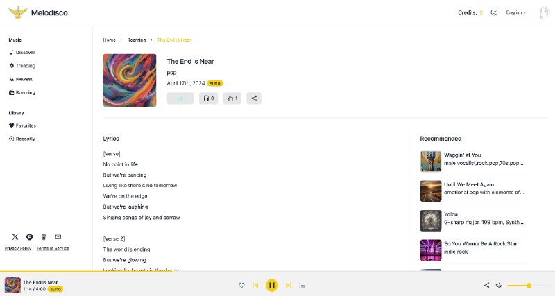 Melodisco：AI 版的网易云音乐 一个开源的 AI 播放器 收录了 30 万首 AI 歌曲Melodisco 是一个基于 AI 的音乐播放器项目，该项目最初的目标是创建一个 AI 版的网易云音乐，现已收录了 30 万首 AI 歌曲