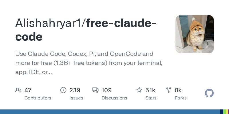 Alishahryar1/free-claude-codePlanning concise bilingual snippet translation****Drafting polished Chinese translation with preserved terms可在终端、应用、IDE，甚至手机上免费使用 Claude Code 、 Codex 、 Pi 、 OpenCode 等工具，累计可用超过 13 亿枚免费 token（1.3B+ free tokens）；就像 OpenClaw 一样，还支持语音，并且符合 ToS 要求