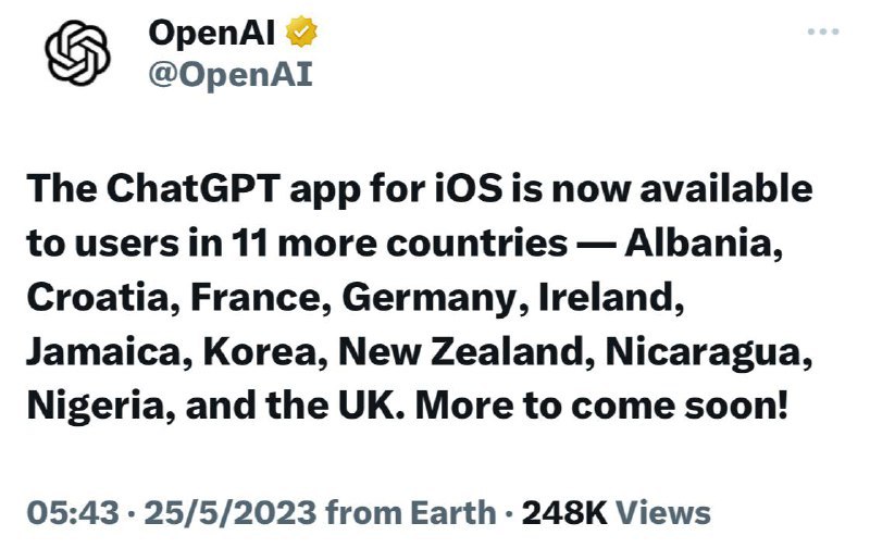 ChatGPT for ios新增加英、法、德等11国可用投稿：@ZaiHuaBot频道：@TestFlightCNvia 🆕 科技新闻投稿📮TestFlight - Telegram Channel (author: 在花⭐️投稿📮Bot)