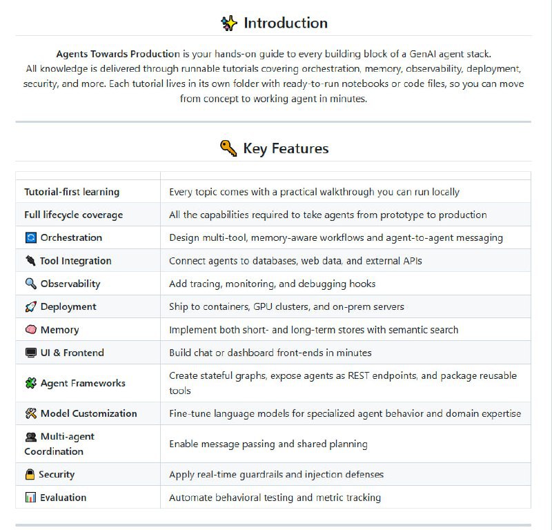 将AI Agent从想法变为生产级产品的开源实战指南提供从零到生产级的全生命周期覆盖；包含20+可运行的教程，涵盖编排、内存、部署等关键模块；支持多Agent协作与实时安全防护agents-towards-production | #指南via 黑洞资源笔记 - Telegram Channel将AI Agent从想法变为生产级产品的开源实战指南提供从零到生产级的全生命周期覆盖；包含20+可运行的教程，涵盖编排、内存、部署等关键模块；支持多Agent协作与实时安全防护agents-towards-production | #指南via 黑洞资源笔记 - Telegram Channel