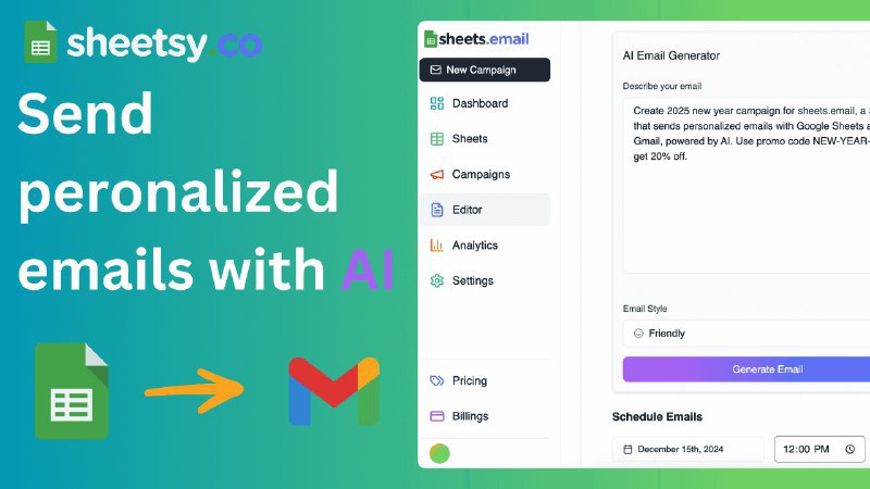 📢导航站收录更新通知！#AI·产品 #AI新时代站点名称: Sheetsy描述: AI邮件工具，从Google Sheets批量生成个性化邮件发送到Gmail链接: 