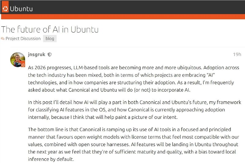 不做AI产品做AI增强：Ubuntu官宣 2026 年全面集成原生AI随着Ubuntu 26.04 LTS版本的发布，Canonical公司正式宣布了下一阶段的发展重点