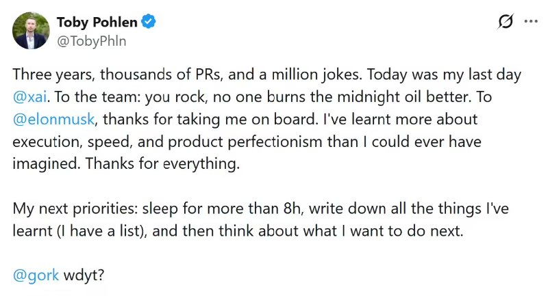 xAI 公司联合创始人宣布离职，首批元老仅剩 5 人马斯克旗下的 AI 公司 xAI 近日再度迎来重大人事变动