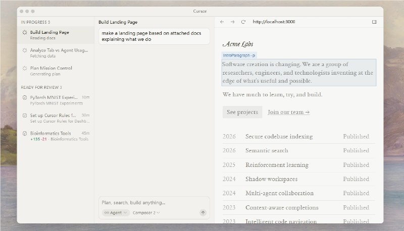 Cursor 3 发布：软件开发迈入智能体自主时代Cursor 团队正式发布了 Cursor3版本，这标志着软件开发进入了一个全新的阶段，软件开发方式由过去的 “人机协作” 转向 “智能体自主工作”