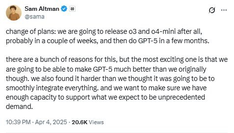 OpenAI首席执行官Sam Altman：可能会在几周内发布O3和O4-mini他称，将能够让GPT-5比最初设想的还要出色得多