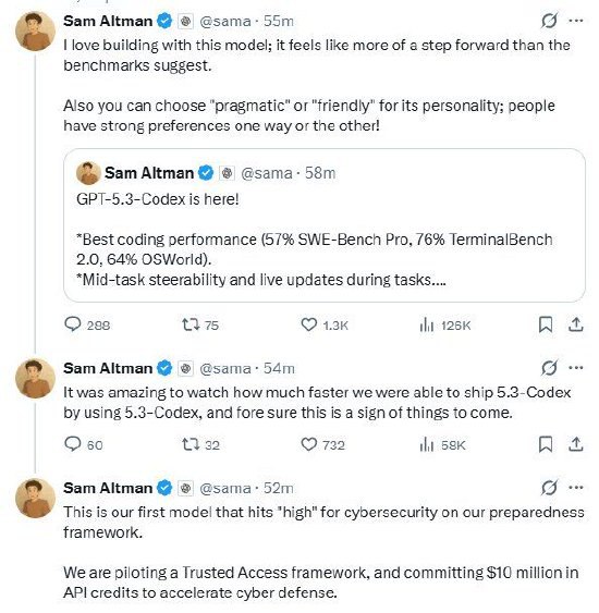 GPT-5.3-Codex 正式发布 编程性能再攀新高OpenAI首席执行官Sam Altman宣布：“GPT-5.3-Codex正式发布！编程性能再攀新高：SWE-Bench Pro评测达57%、TerminalBench 2.0达76%、OSWorld达64%；支持任务中实时调控与动态更新；运行效率跃升：完成同等任务，令牌消耗量较5.2-Codex减少超一半，单令牌处理速度提升超25%；具备成熟的计算机实操能力