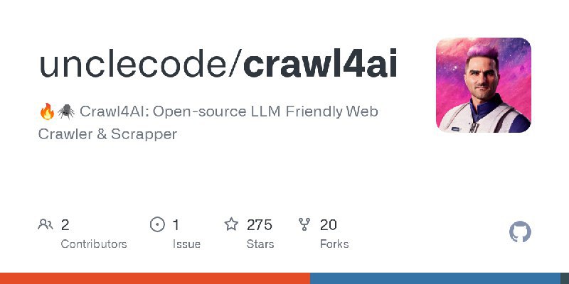unclecode / crawl4ai🔥🕷️ Crawl4AI: Open-source LLM Friendly Web Crawler & ScrapperRepo URL | 👀4 🍴22 ⭐311#D20240512 #D20240512_Html #HtmlGitHubGitHub - unclecode/crawl4ai: 🔥🕷️ Crawl4AI: Open-source LLM Friendly Web Crawler & Scrapper🔥🕷️ Crawl4AI: Open-source LLM Friendly Web Crawler & Scrapper - unclecode/crawl4aivia Github Trending - Telegram Channel