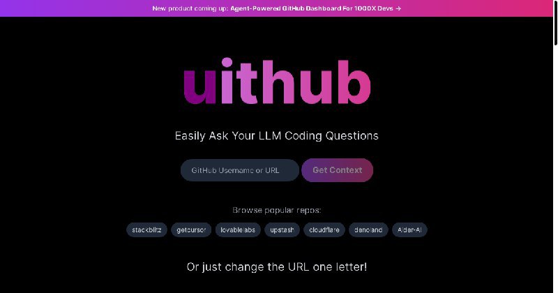 📢导航站收录更新通知！#AI·产品 #AI新时代站点名称: Easily Ask Your LLM Coding Questions描述: 只需更改一个字母，即可获取 github repo context 以用作 LLM 的上下文