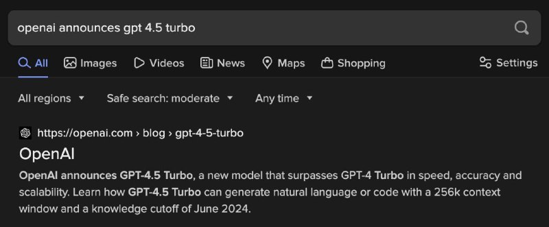 GPT-4.5 是真实存在的一些 X/Twitter 网友发现，当你使用搜索引擎 DuckDuckGo 或 Bing 搜索 GPT-4.5 Turbo 时，您会看到一个隐藏的 OpenAI 官网链接缓存