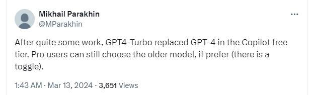 Copilot （免费版）已经用上 GPT-4 Turbo微软广告和网页服务部门负责人 Mikhail Parakhin 在 X 上表示，Copilot（免费版）已经用上 GPT-4 Turbo 模型