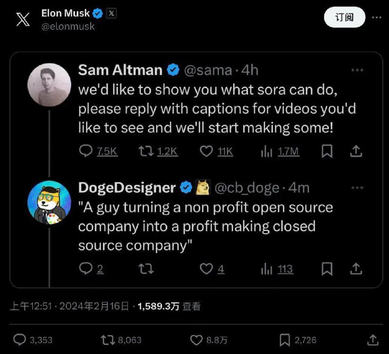 ↩️🖼 Sam Altman: 我们想向你展示Sora可以做什么，请回复您想看的视频的标题，我们将开始制作！ Doge: 一个把非盈利开源公司变成盈利闭源公司的家伙