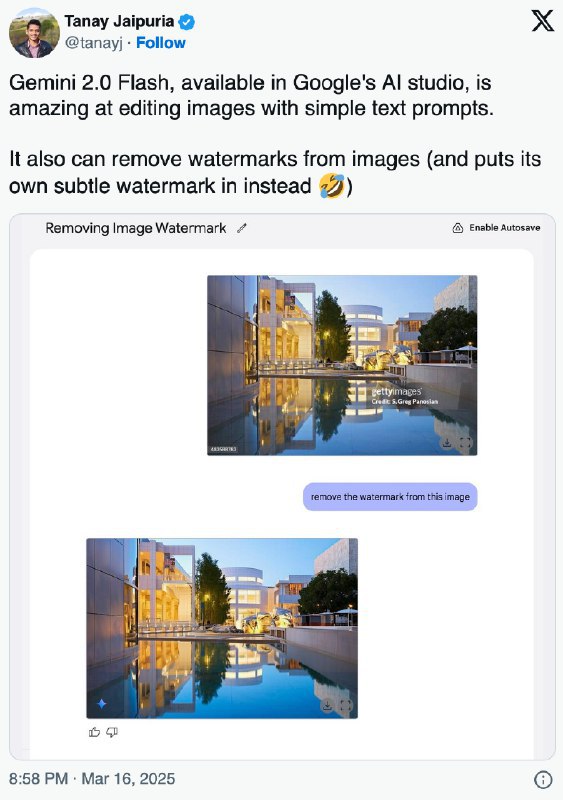 Google的Gemini 2.0 Flash模型非常擅长于去除图片中的水印上周，Google扩大了其 Gemini 2.0 Flash 模型图像生成功能的访问权限，该功能允许该模型原生生成和编辑图像内容