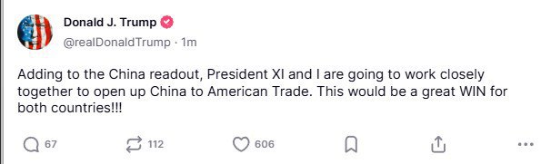 特朗普表示，他与中国国家主席习近平将在贸易问题上密切合作