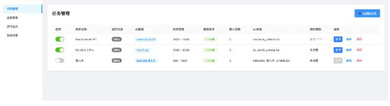 👉 名称：ai-goofish-monitor🤖 类型：🎯项目👏 介绍：一个基于 Playwright 和 AI 过滤分析的闲鱼多任务实时监控与智能分析工具，配备了功能完善的 Web 管理界面- 可视化Web界面: 提供完整的Web UI，支持任务的可视化管理、AI标准在线编辑、运行日志实时查看和结果筛选浏览，无需直接操作命令行和配置文件