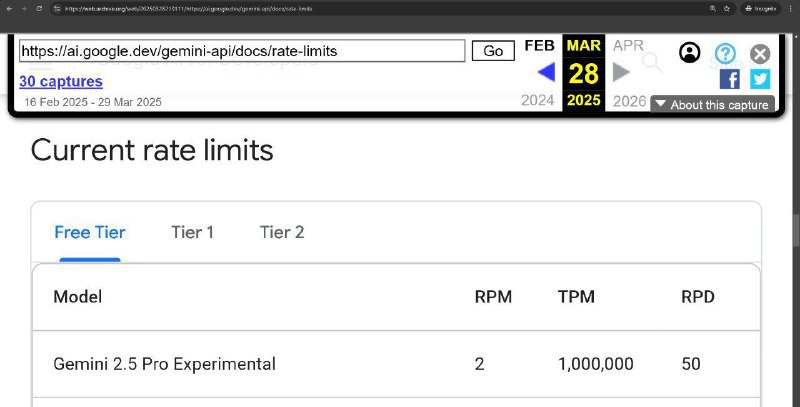 Gemini 2.5 Pro Experimental 对免费用户的每日请求次数限制进行了调整，从原先的50次/日下调至25次/日