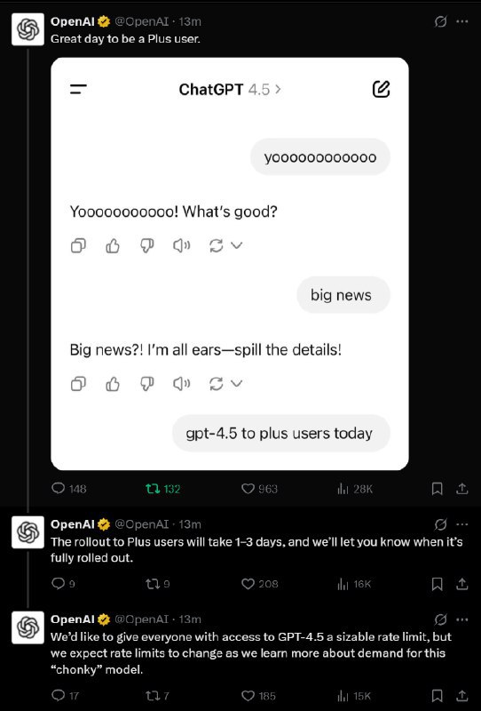 OpenAI：GPT-4.5 正向 Plus 用户推出(财经快讯)via 茶馆 - Telegram Channel