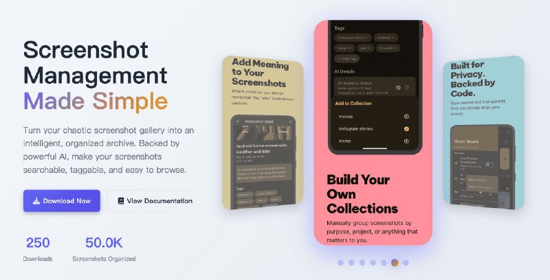 👉 名称：shots-studio🤖 类型：🤖软件👏 介绍：AI 驱动的截图管理工具，通过 AI 实现自动分类截图，支持搜索截图内容、自动添加或者生成标签等功能：via 老胡周刊资源分享频道 - Telegram Channel