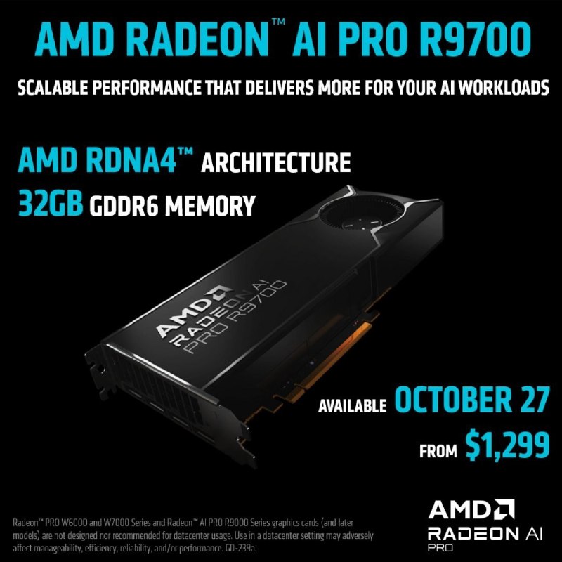 AMD最强RDNA4显卡：Radeon AI PRO R9700售9200元今日(10月24日)AMD宣布，其基于RDNA 4架构的最强工作站级GPU——Radeon AI Pro R9700，将于10月27日零售上市