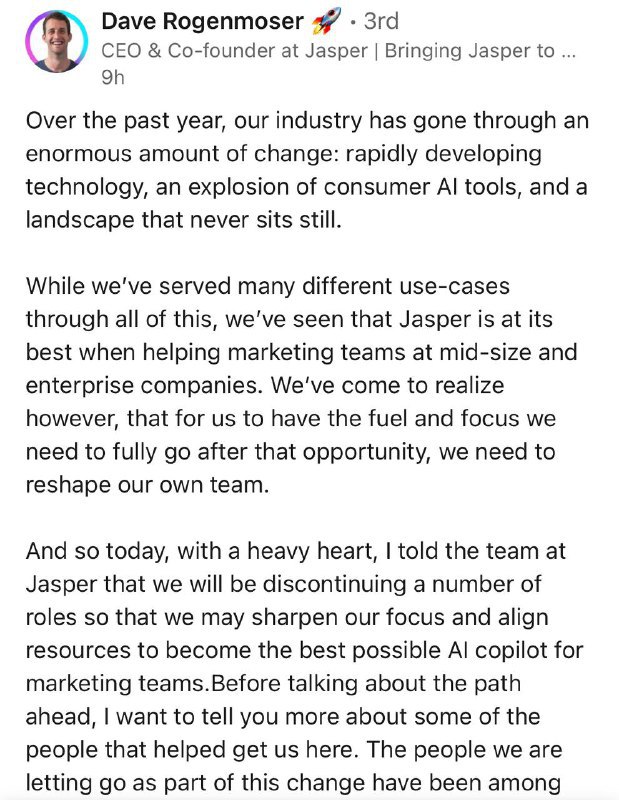早晨看到 Jasper 裁员的消息觉得有些讽刺做 AI 工具的公司还没让其他人类失业自己的员工先失业了？（openai对此事富有全部责任😂via AI News - Telegram Channel