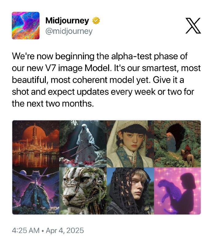 ↩️🖼 Midjourney发布V7模型：架构全面革新 文本理解显著提升 Midjourney 于今日启动V7模型Alpha测试，该全新架构模型显著提升文本与图像提示理解能力，画质...科技圈🎗在花频道📮:GPT-4o 新增原生图像生成：更实用精准 OpenAI 宣布为 GPT-4o 模型内置高级图像生成功能