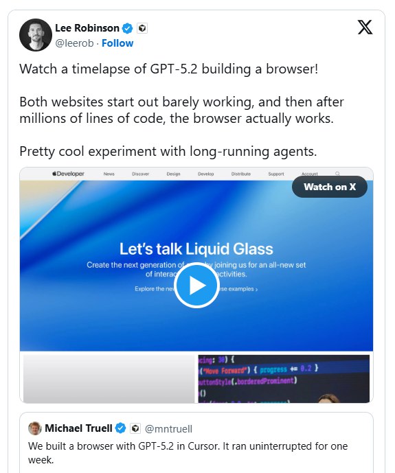 Cursor 实测：在长程自动化编程任务中，GPT-5.2 表现优于 Claude Opus 4.5知名 AI 编程辅助工具Cursor近日分享了一项内部测试发现:在处理超长程、自主性的编程任务时，OpenAI 最新的GPT-5.2模型表现出比 Anthropic 的Claude Opus4.5更高的可靠性