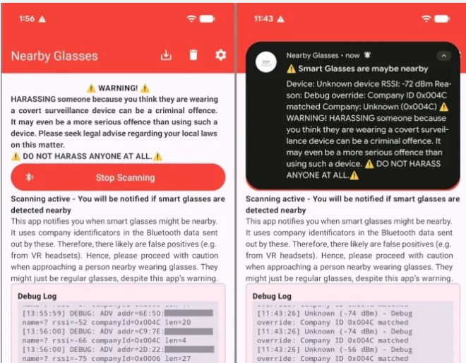 安卓隐私应用Nearby Glasses发布：可实时检测附近Meta与Snap智能眼镜监控开发者Yves Jeanrenaud近日推出了一款名为Nearby Glasses的Android应用程序，旨在通过蓝牙信号扫描技术，主动监测并提醒用户附近是否存在处于工作状态的智能眼镜或其他持续录像设备