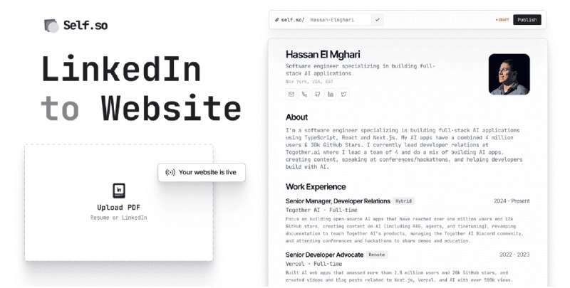 👉 名称：self.so🤖 类型：🕸网站👏 介绍：上传简历，基于 AI 大模型生成个人网站：via 老胡周刊资源分享频道 - Telegram Channel