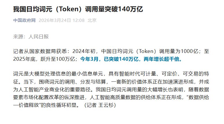 国家数据局定调:Token官方中文名正式确认为“词元”今日，中国政府网转发了《人民日报》援引国家数据局的文章，正式在官方语境下将大模型基础计量单位“Token”定名为“词元”