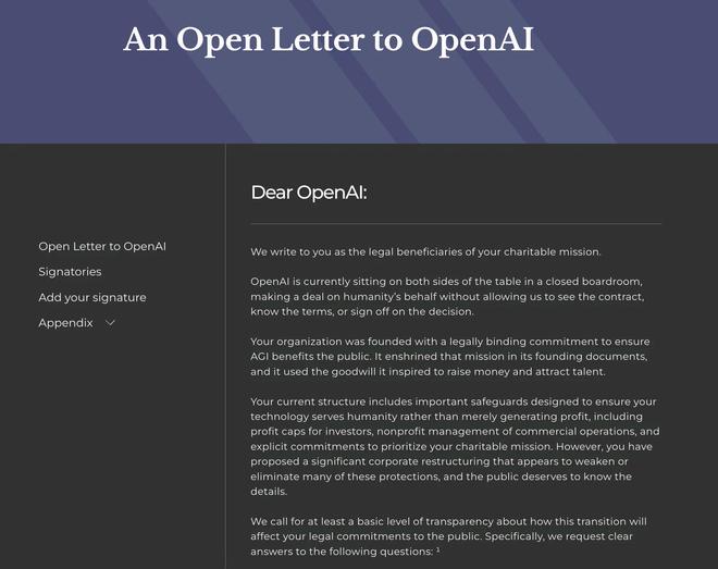 OpenAI面临信任危机：AI教父与诺奖得主联名要求回应八大问题当地时间8月4日，多家非政府组织发起公开信，要求OpenAI就公司重组计划提高透明度
