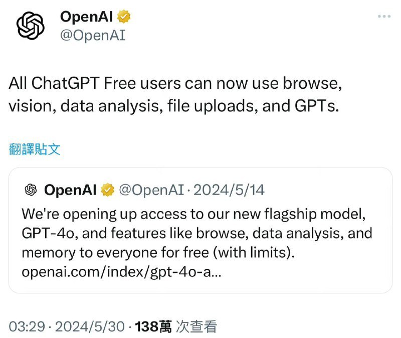 ChatGPT部分功能现已免费所有 ChatGPT Free 用户现在都可以免费使用浏览、视觉、数据分析、文件上传和GPTs 的功能
