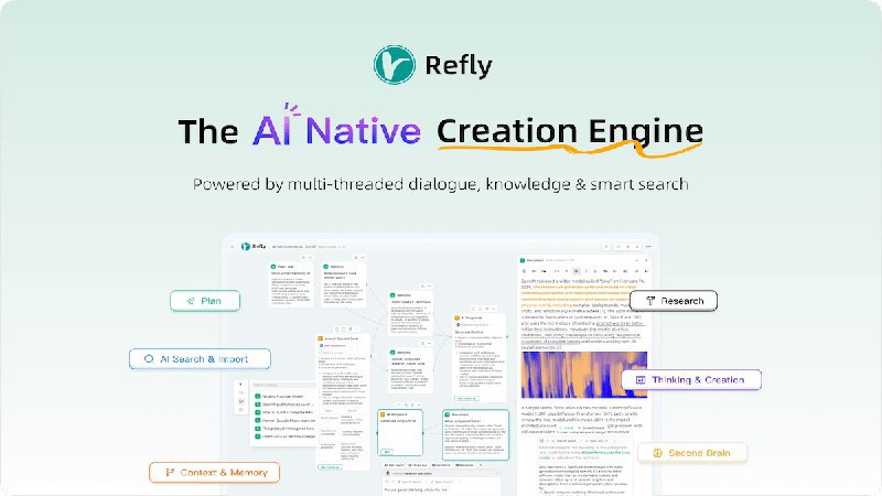 📢导航站收录更新通知！#AI·代理·工作流 #AI新时代站点名称: Refly描述: Refly 是一个由多线程对话、知识整合、上下文记忆、智能搜索和所见即所得 AI 编辑器驱动的自由式画布创作平台，可以轻松地将想法转化为优质内容
