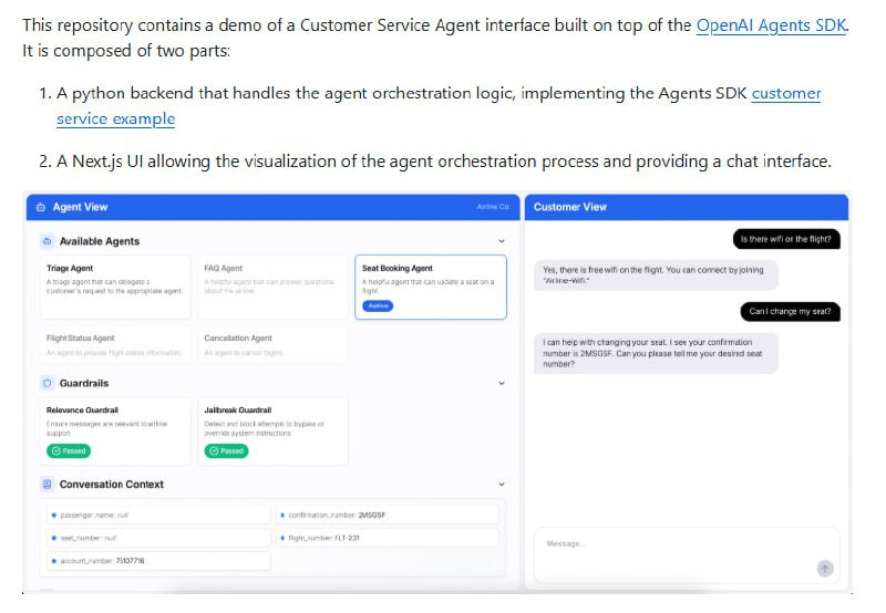 openai-cs-agents-demo：基于OpenAI Agents SDK构建的客户服务Agent演示项目模块化设计，轻松定制和扩展Agent逻辑；智能路由，精准匹配用户需求到对应Agent；支持多种交互场景，涵盖航班查询、座位变更、取消订单等via 黑洞资源笔记 - Telegram Channel