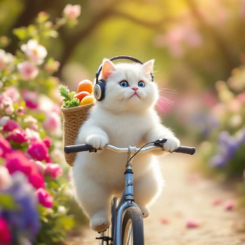 Prompt ✏️: A cute chubby little white cat wearing headphones is riding a bicycle on a circular country path filled with blooming flowers. The warm sunlight is shining brightly on the earth. The shot is taken from a 45-degree side angle of the cat, in 4K ultra-high-definition quality. The cat's fur is delicate and smooth. The cat is carrying vegetables on its back, heading home after shopping.Model 🖼: flux pro📢 频道 ✈️ 群聊 📬 投稿 💵 商务via AI绘画｜AI视频 | AI音乐 - Telegram Channel