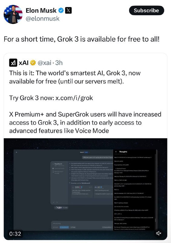 ↩️🖼 xAI称Grok 3将免费提供 xAI宣布，世界上最智能的AI—Grok 3，现在免费提供（直到我们的服务器不堪重负为止）