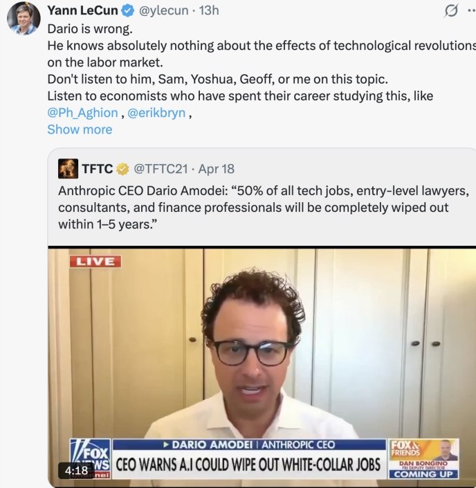 杨立昆怒怼 Anthropic CEO：别听那个卖货的瞎忽悠近日，AI 圈上演了一场激烈的观点交锋