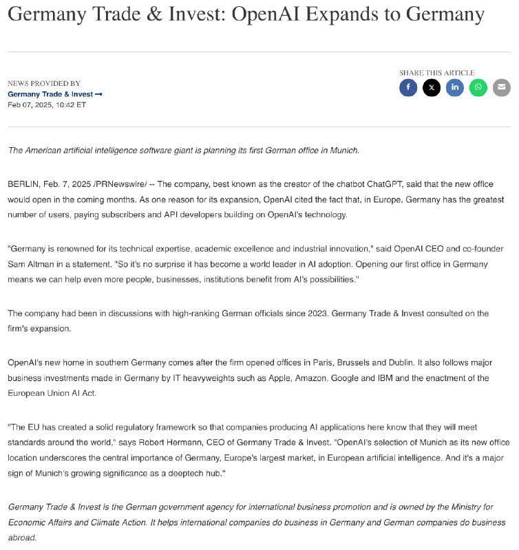 OpenAI 计划在德国开设办事处OpenAI 首席执行官 Sam Altman 在一份声明中表示：