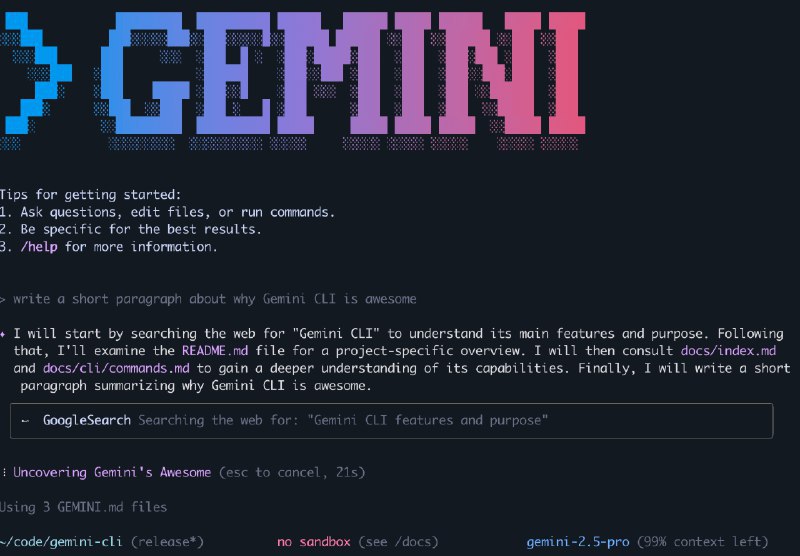 👉 名称：gemini-cli🤖 类型：🎯项目👏 介绍：Gemini CLI 是谷歌开源的 AI 编程工具，目前来看可以说是免费的：每分钟 60 次请求，每天 1000 次请求：via 老胡周刊资源分享频道 - Telegram Channel
