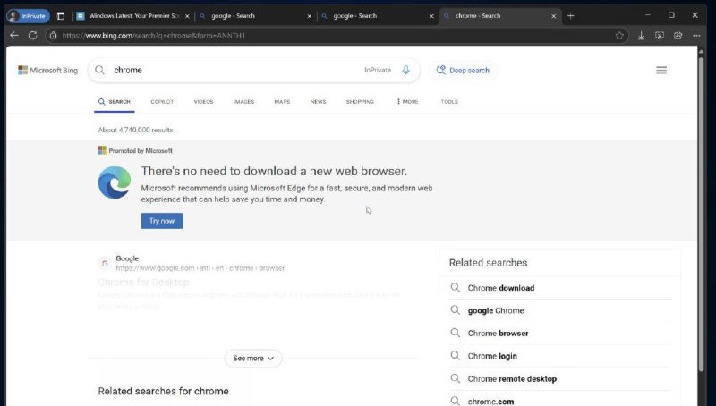 必应搜索隐藏 Chrome 浏览器的下载链接此前，微软使用全屏弹出式窗口说服用户使用 Microsoft Edge 而不是 Chrome 浏览器和其他浏览器